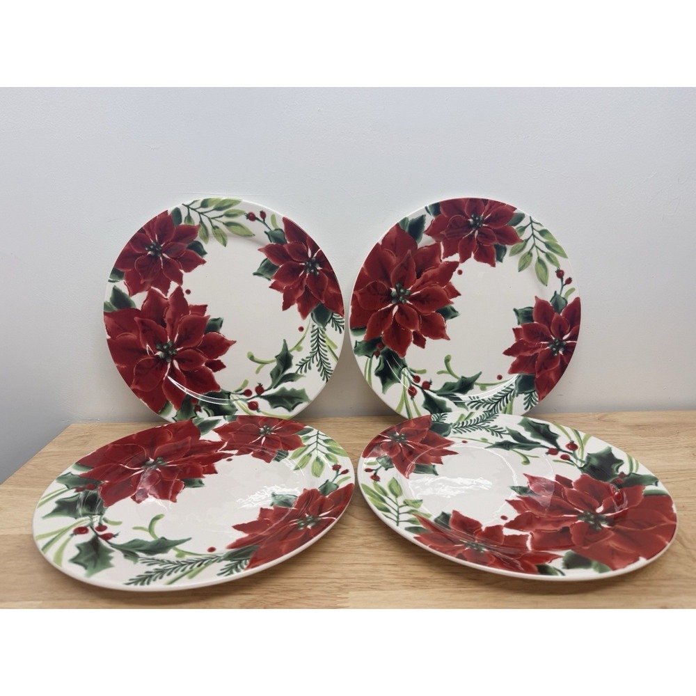 Pier One Imports Classic Poinsettia Set/ 4 Retired Ceramic 11" Dinner Plates #55